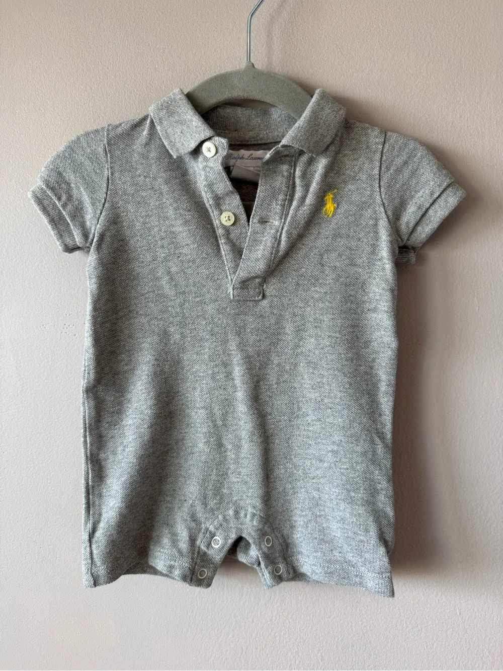 Ralph Lauren Baby Boys Gray Yellow Number 3 Shorts One Piece Romper 3 months